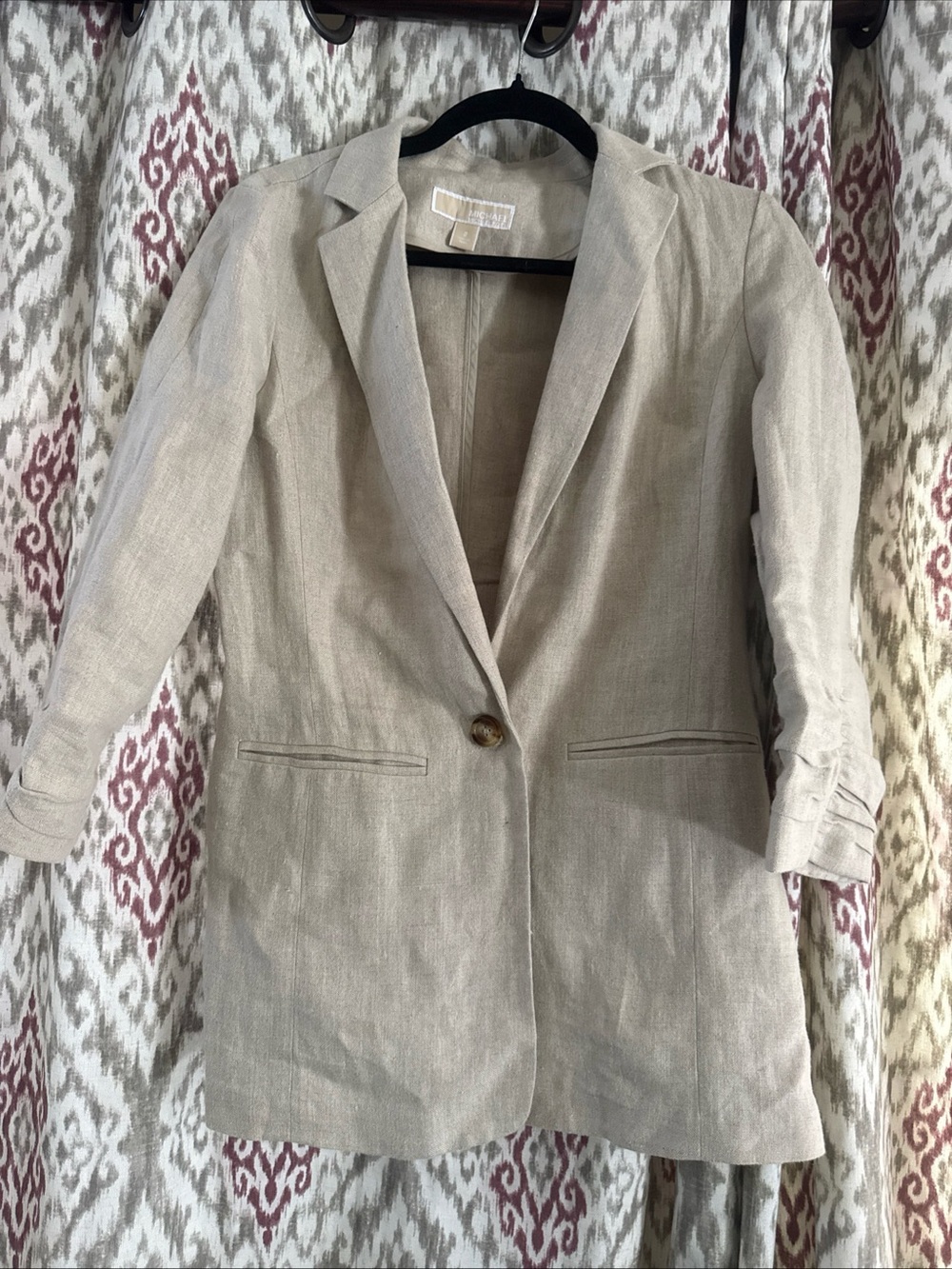 Michael Kors Light Beige Linen Single-Button Ruched Sleeve Blazer